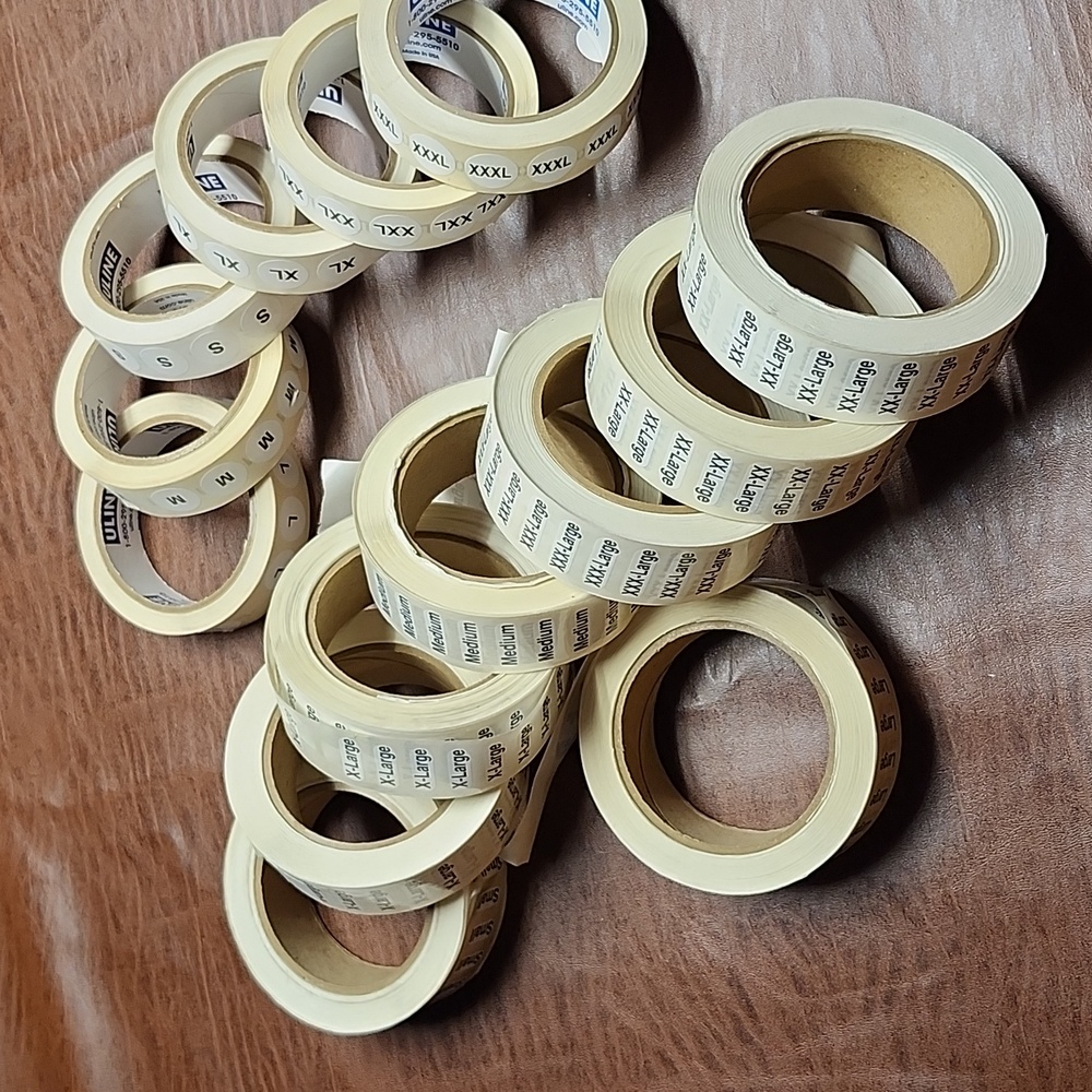 ULINE Rolls of Clothing Round & Strip Size Labels Stickers - partial rolls